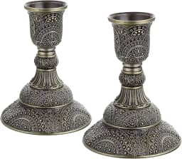 OwnMy Conjunto de 2 castiçais cônicos de metal vintage com 10 cm de altura. Conjunto de candelabro decorativo para mesa de jantar de casamento, bronze antigo