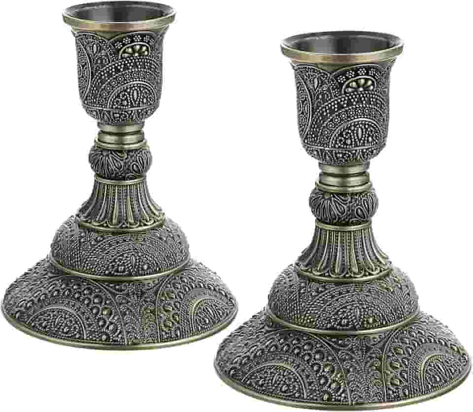 OwnMy Conjunto de 2 castiçais cônicos de metal vintage com 10 cm de altura. Conjunto de candelabro decorativo para mesa de jantar de casamento, bronze antigo