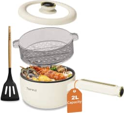 TOPWIT Panela elétrica quente com vaporizador, panela elétrica multifuncional de 2L, frigideira antiaderente, panela portátil para bife, arroz frito, ramen, sopa com controle de energia duplo