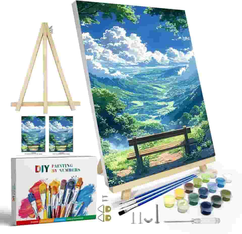 JOOZ Kit de pintura por números para adultos com moldura, paisagem de montanha por número com cavalete, kits de pintura por números DIY para adultos
