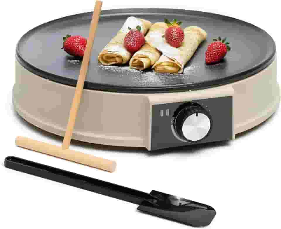 Moss & Stone Frigideira elétrica de 30 cm e máquina de crepe, máquina de crepe elétrica antiaderente com temperatura ajustável, inclui espalhador e espátula – ideal para panquecas, blintzes e