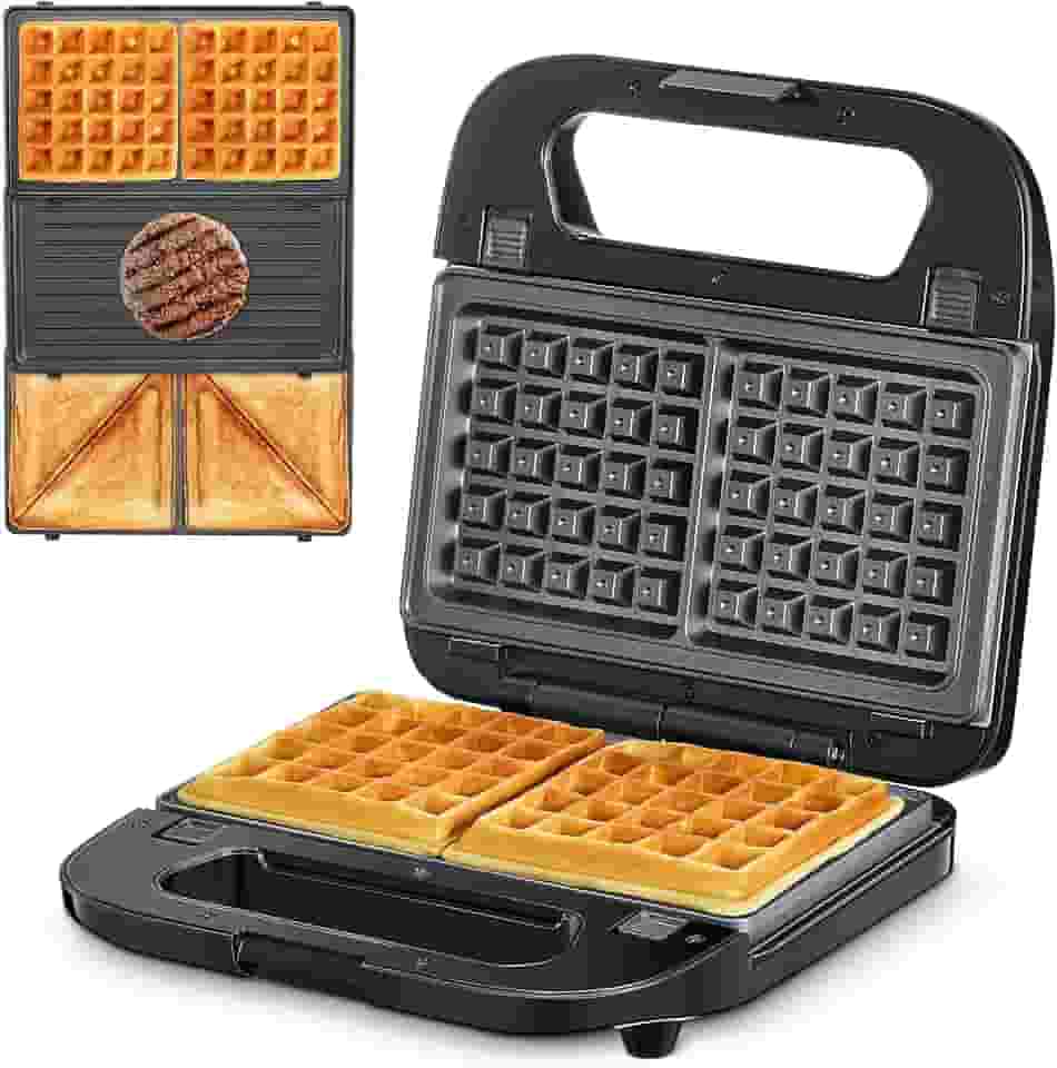 Reemix Máquina de waffle, grelha e sanduíche 3 em 1, prensa Panini e ferro de waffle, preto