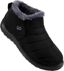 Botas de Neve Femininas Quentes de Pele Cano Curto Impermeável Confortável Sem Cadarço Sapatos de Inverno Plus Size, Preto, 9