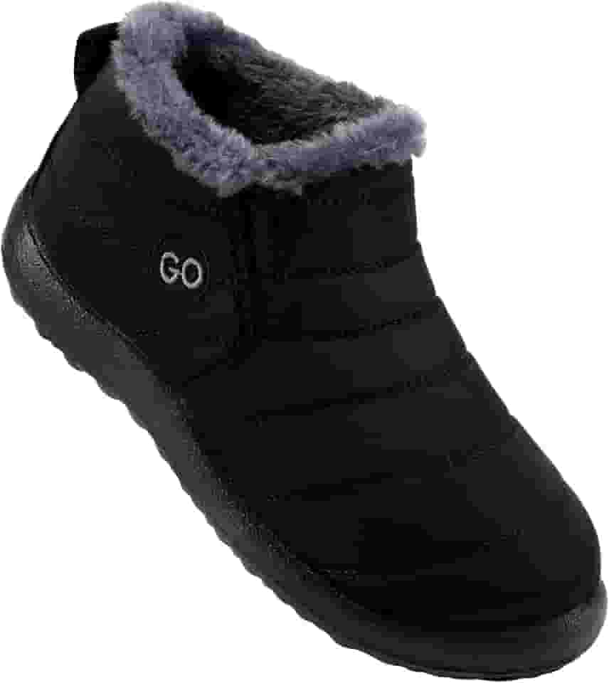 Botas de Neve Femininas Quentes de Pele Cano Curto Impermeável Confortável Sem Cadarço Sapatos de Inverno Plus Size, Preto, 9