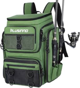 PLUSINNO Mochila de pesca com caixa de equipamentos de suporte de vara, grande 42L resistente à água, bolsa de equipamentos de pesca, loja de equipamentos de pesca