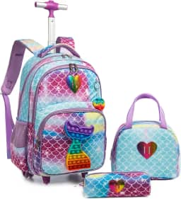 Mochilas de Rodinhas Infantis - Kit de 3 peças com mochila de rodinhas, lancheira e estojo, ideal para crianças e estudantes (Brinquedo colorido para inquietação sereia)