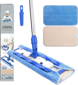 MR.SIGA Mop de microfibra profissional para limpeza de pisos de madeira, laminados e azulejos, cabo de aço inoxidável - 3 esfregões planos reutilizáveis e 1 esfregão para remoção de sujeira incluídos