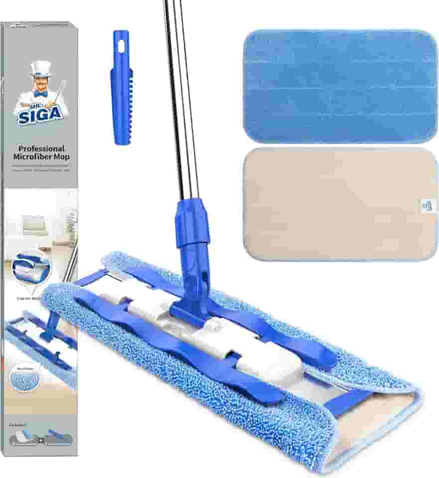MR.SIGA Mop de microfibra profissional para limpeza de pisos de madeira, laminados e azulejos, cabo de aço inoxidável - 3 esfregões planos reutilizáveis e 1 esfregão para remoção de sujeira incluídos