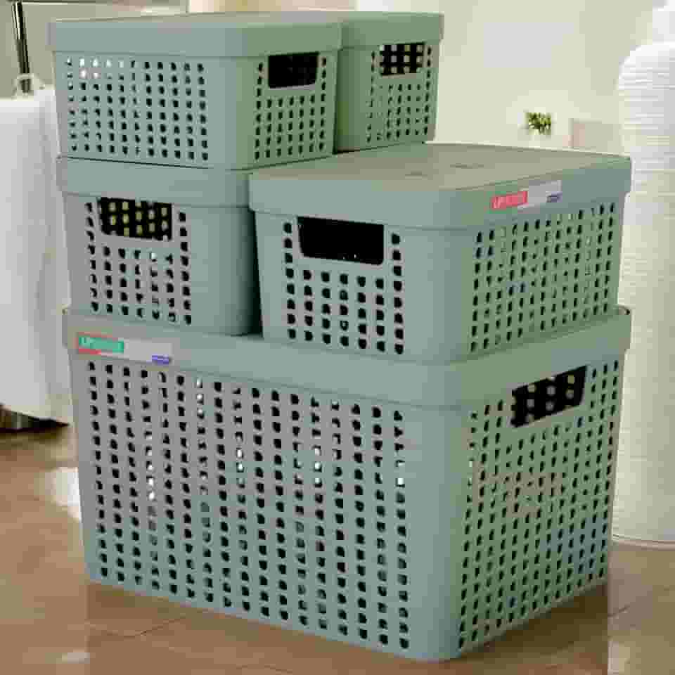 Kit 5 Caixas Organizadoras com Tampa Plástico Resistente Multiuso Armário Cozinha Lavanderia (VERDE)