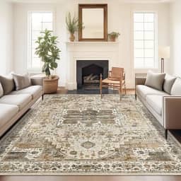 Tapete 5x7, resistente a manchas, lavável à máquina, tapetes com suporte antiderrapante, tapetes boho persas vintage para quarto, sala de estar, tapete grande macio de pelo baixo (bege/marrom, 1,52 m x 18,7 m)