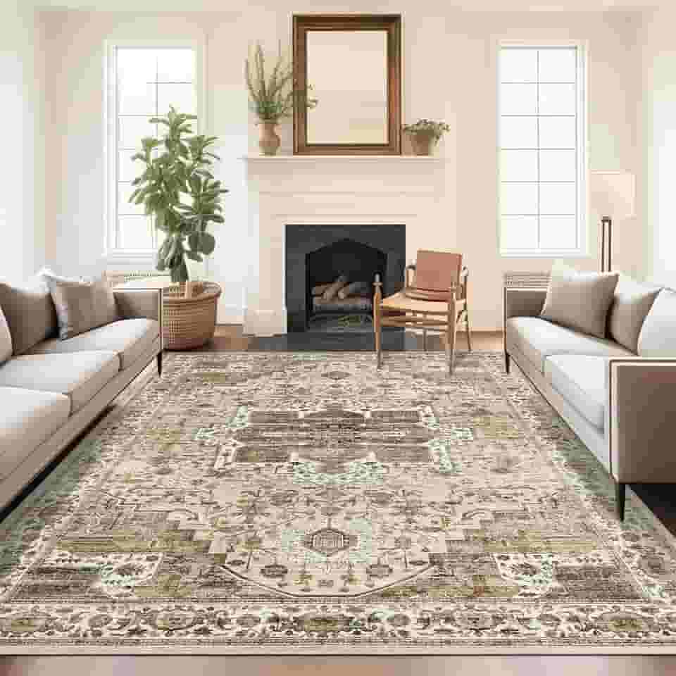 Tapete 5x7, resistente a manchas, lavável à máquina, tapetes com suporte antiderrapante, tapetes boho persas vintage para quarto, sala de estar, tapete grande macio de pelo baixo (bege/marrom, 1,52 m x 18,7 m)