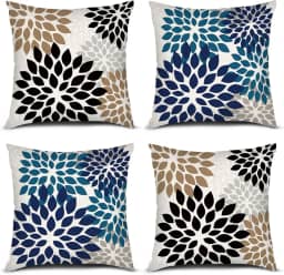 PICKFORU Capas de almofada azul marrom 45,7 x 45,7 cm, conjunto de 4 capas de almofada com estampa geométrica de dália de flores modernas para decoração de casa