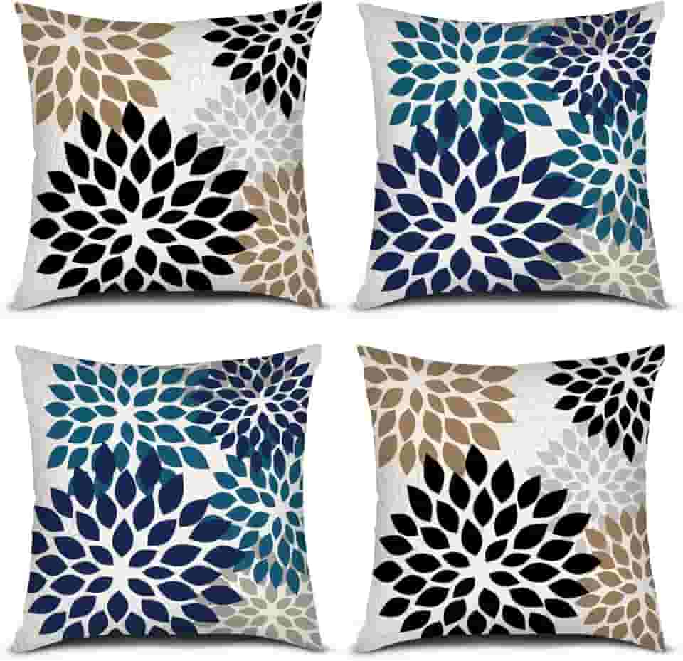 PICKFORU Capas de almofada azul marrom 45,7 x 45,7 cm, conjunto de 4 capas de almofada com estampa geométrica de dália de flores modernas para decoração de casa