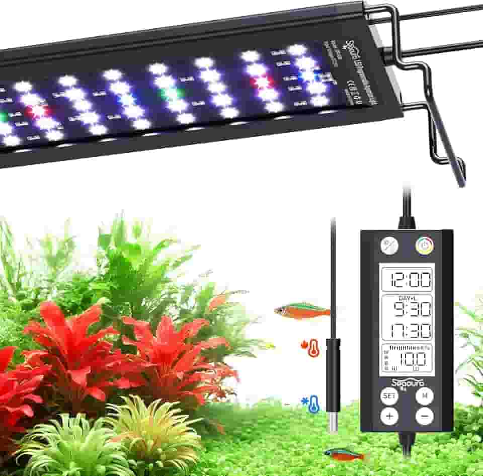 SEAOURA Luminária LED para Aquário com Termômetro, 30-45cm Espectro Completo, Programável 24/7 + Memória, WRGB Personalizável, 20 Níveis de Brilho para Aquários de Água Doce