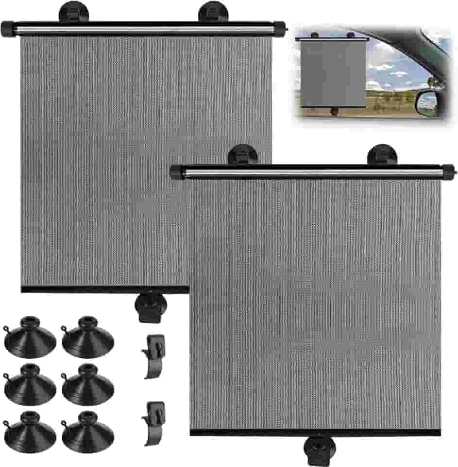 Kit 2 Janela Lateral de Sol para Carro, Cortinas de Veículo de Rolo Retrátil Sombra de Proteção Solar para Janela Lateral de Caminhão SUV, Bloqueia o Brilho e o Calor Nocivos do Sol, 45X50cm