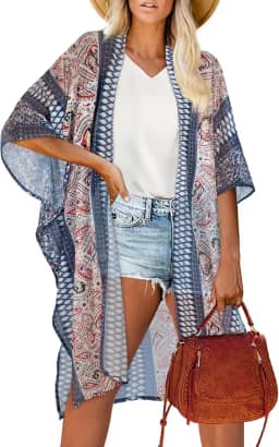 Saída de praia feminina quimono para o verão, cardigã, casual, solta, Estampa étnica azul, Large