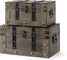 Soul & Lane Baús de tesouro de madeira - Conjunto de 2, baús de armazenamento antigos, caixas de armazenamento decorativas de madeira com tampas articuladas para lembranças e decoração de casa