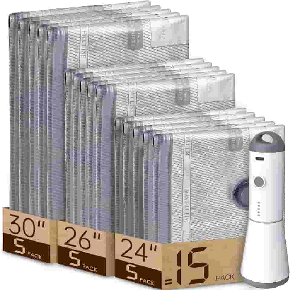 Vacbird Sacos de vácuo para viagem com bomba de ar recarregável, pacote com 15 sacos de compressão para bagagem e mala, economia de espaço para roupas e viagens