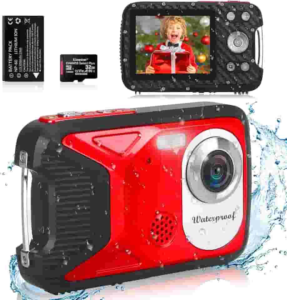 Câmera digital à prova d'água com cartão de 32 GB HD 1080p 36 MP câmera digital subaquática para crianças, adolescentes, estudantes, meninos e meninas (vermelho)