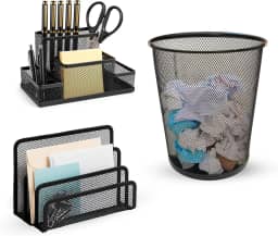 Kit Organizador de Mesa de Escritório com 3 Itens, Kit Escritório, Acessórios para Escritório, Lixeira 10 Litros, Organizador de 4 Divisórias e Porta Papel (Basic)