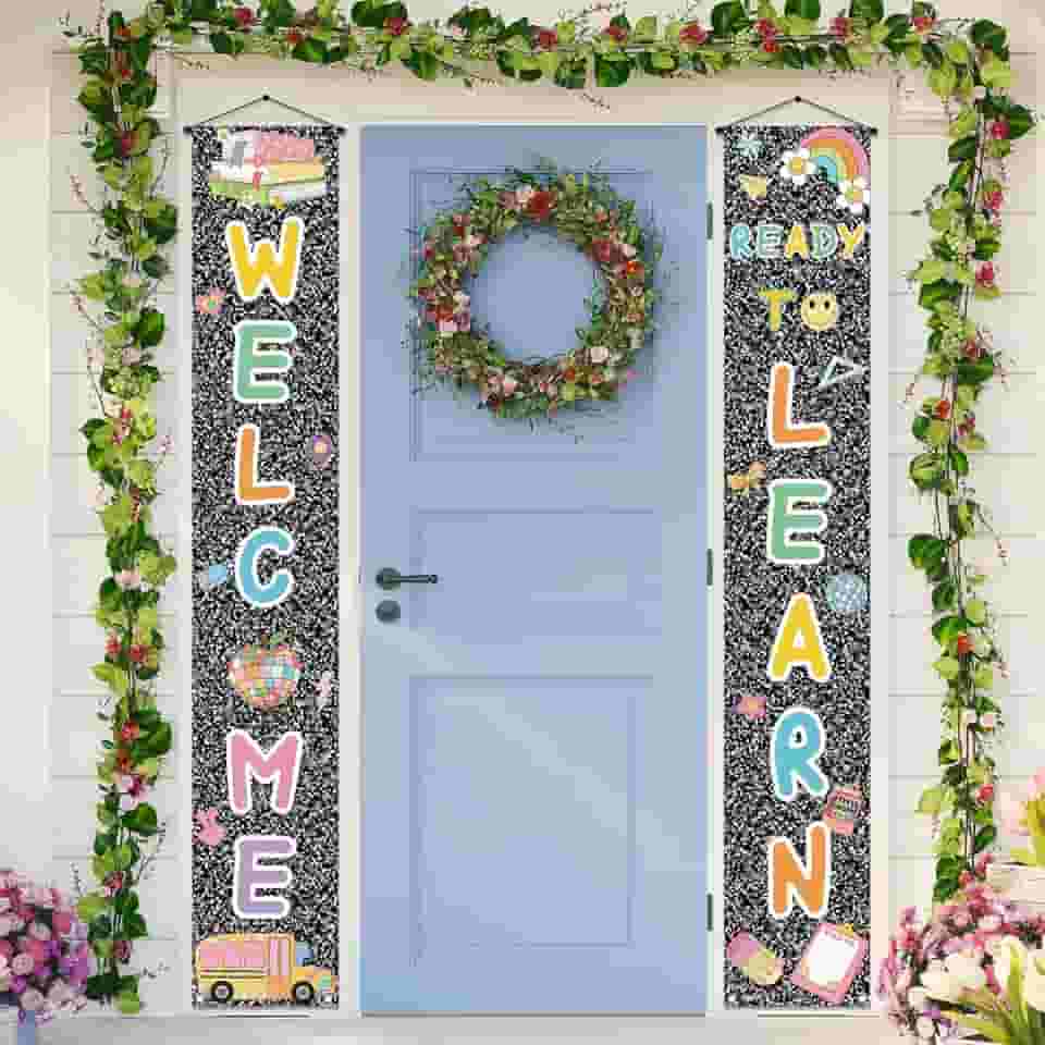 Faixa de varanda de volta às aulas Welcome Ready to Learn First Day of School Party Decoration Composition Notebooks Classroom Front Door Banner