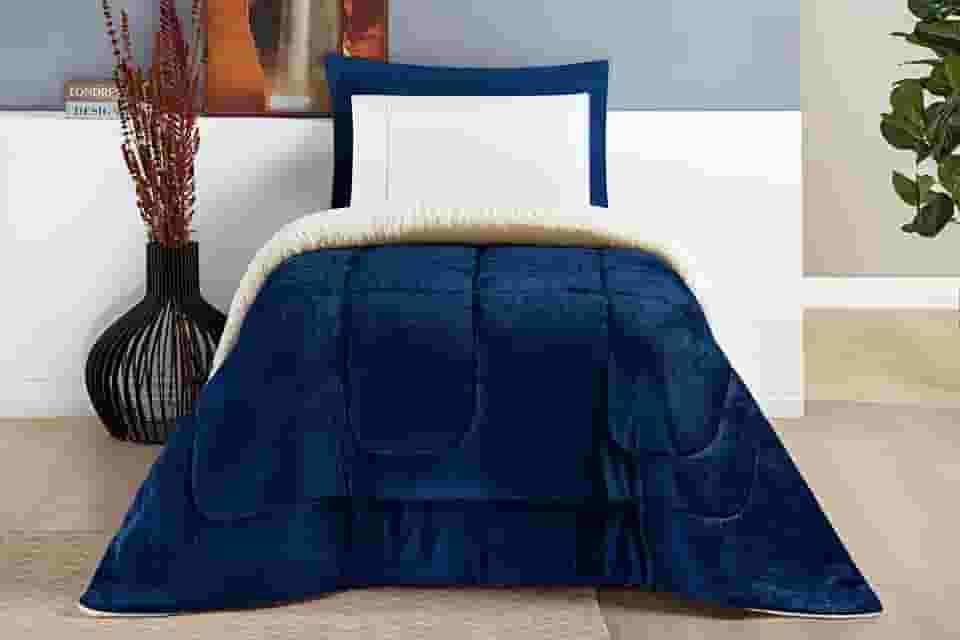 Coberdrom Solteiro Inverno Dupla Face Grosso Super Quentinho Manta & Sherpa (Azul)