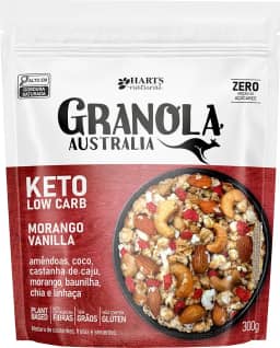 Hart's Natural Granola Australia Keto Low Carb Morango e Baunilha - Granola Sem Açucar, Sem Lactose, Sem Glúten, Vegano - 100% Natural - Alto em Fibras - 300g