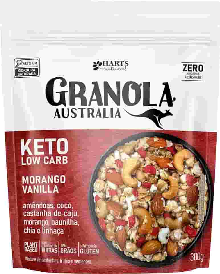 Hart's Natural Granola Australia Keto Low Carb Morango e Baunilha - Granola Sem Açucar, Sem Lactose, Sem Glúten, Vegano - 100% Natural - Alto em Fibras - 300g