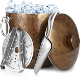 Balde De Gelo De Aço Inoxidável De 3 Litros Com Tampa, Colher, Pinça E Coador (Teca)