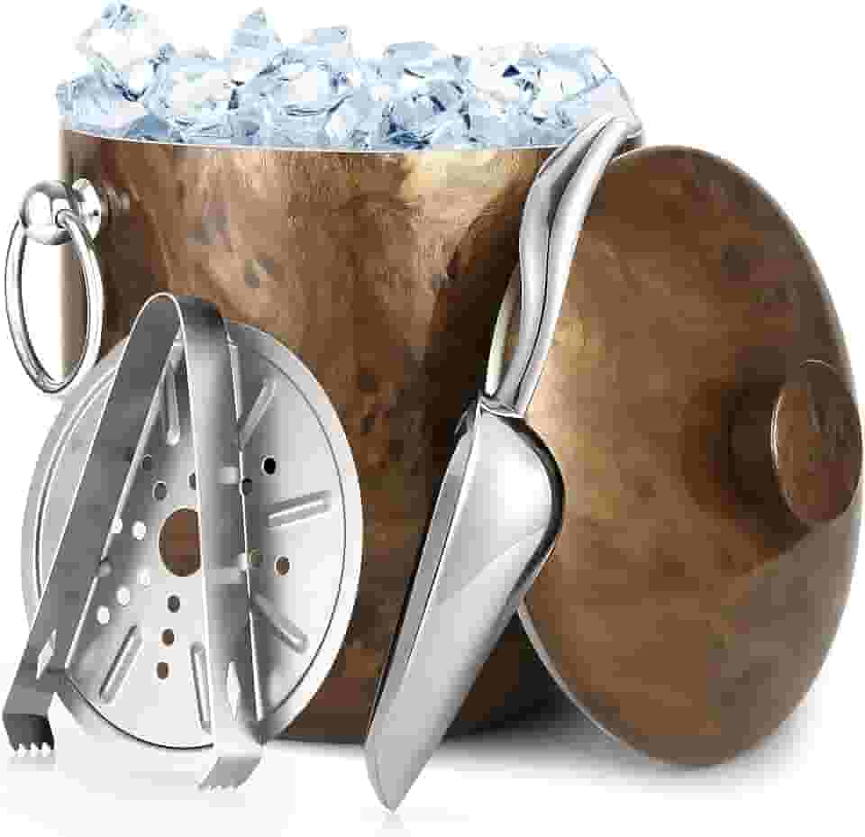 Balde De Gelo De Aço Inoxidável De 3 Litros Com Tampa, Colher, Pinça E Coador (Teca)