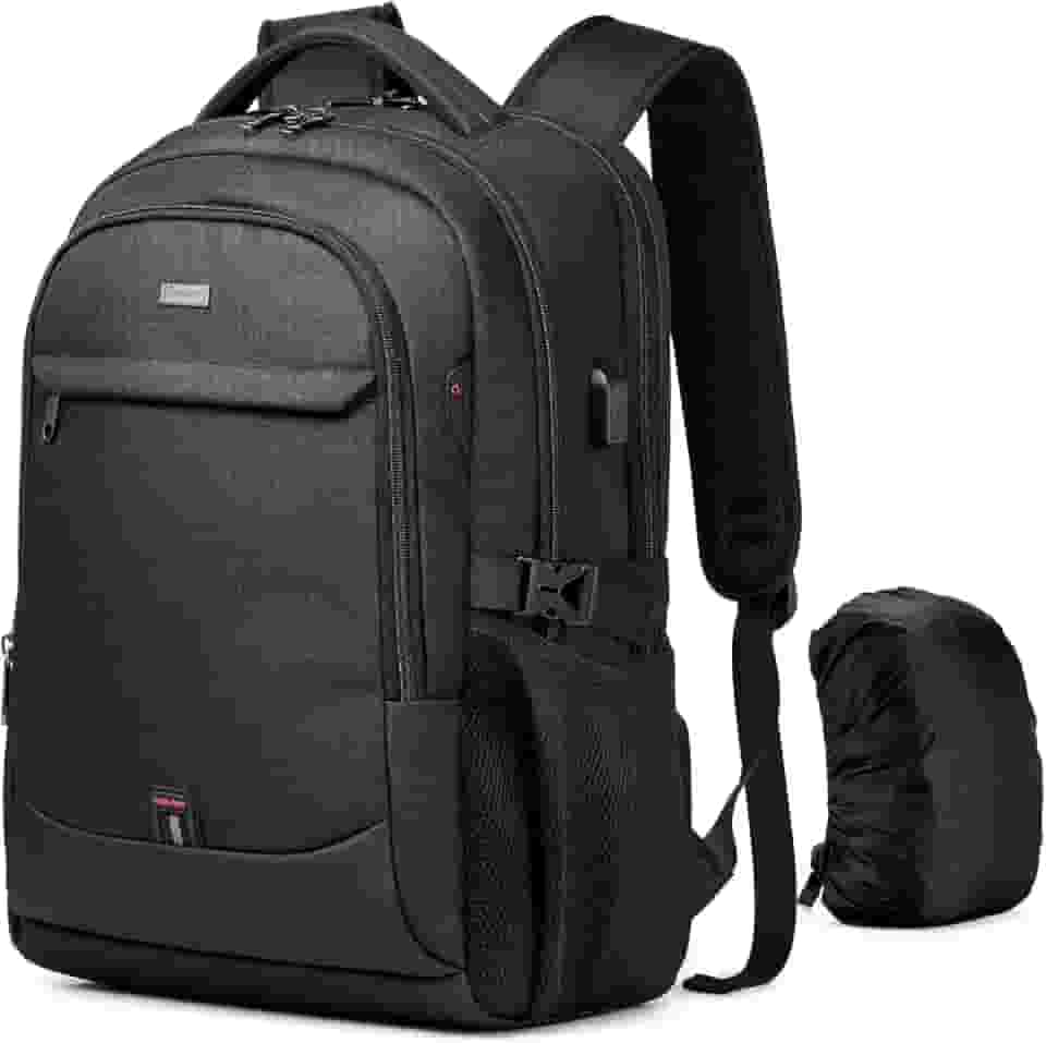 DUSLANG Mochila para laptop de 17 polegadas para viagem, resistente à água, mochila universitária para homens/mulheres, bolsa para laptop com porta de carregamento USB, capa de chuva, preta