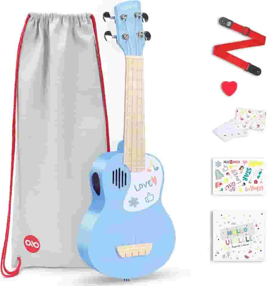 Ukulele soprano de 53 cm para crianças com bolsa Gig, livro de aulas, cartão de felicitações, palheta de feltro e alça de ukelele (azul celeste)