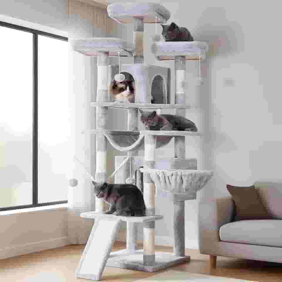 Árvore para gatos Hey-brother, grande torre para gatos de 180 cm GG para gatos internos, casa de gatos de vários níveis com 3 poleiros acolchoados, arranhador grande, cesta aconchegante, 2 condomínios