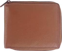 Carteira masculina de couro bovino dobrável com bloqueio de RFID com zíper | Corrente de zíper de metal segura com 9 cartões de identificação fina e minimalista, Bronzeado, One Size, Zíper