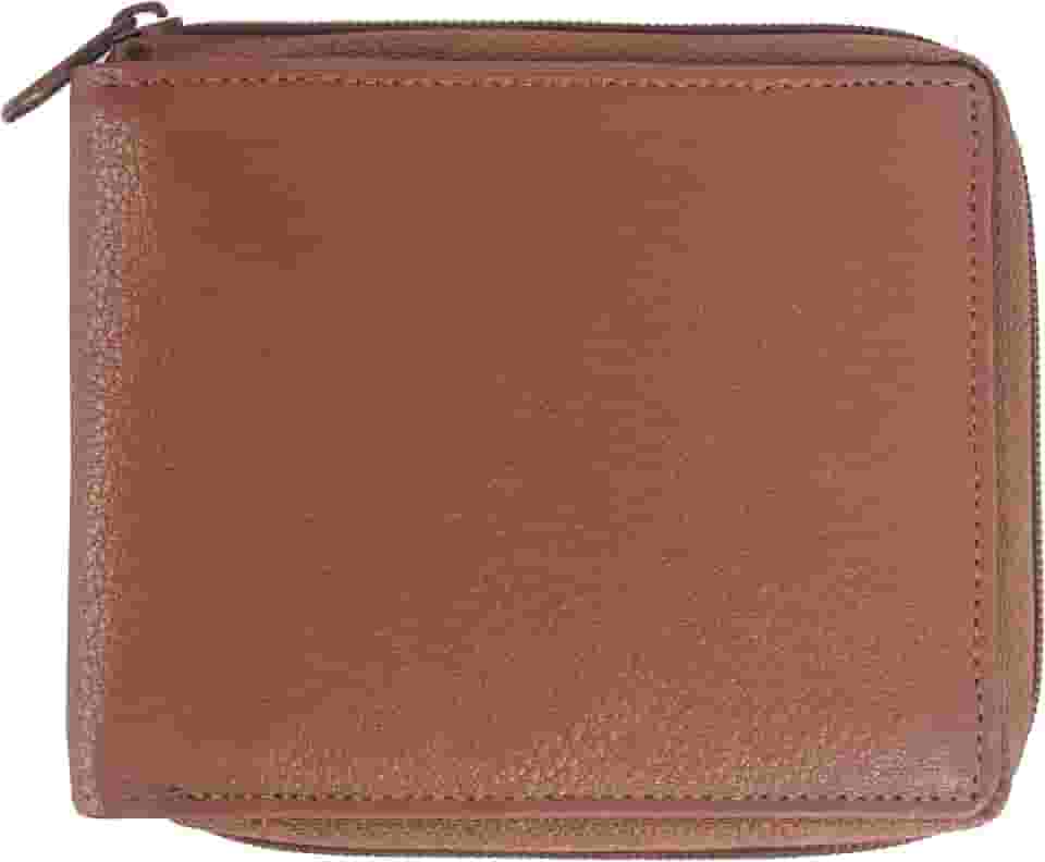 Carteira masculina de couro bovino dobrável com bloqueio de RFID com zíper | Corrente de zíper de metal segura com 9 cartões de identificação fina e minimalista, Bronzeado, One Size, Zíper