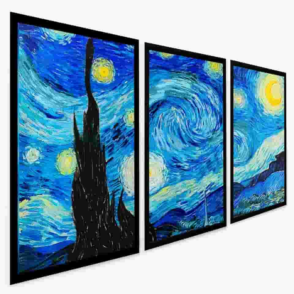 Quadros Decorativos Noite estrelada Van Gogh para Sala Parede Quarto 3 Peças com Moldura