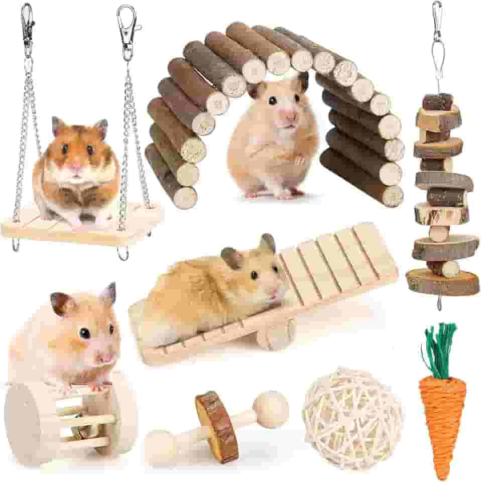 BBjinronjy Conjunto de brinquedos para mastigar e balançar para hamster e outros roedores pequenos, com brinquedo balanço e ponte de gangorra, feito de madeira e montagem no chão