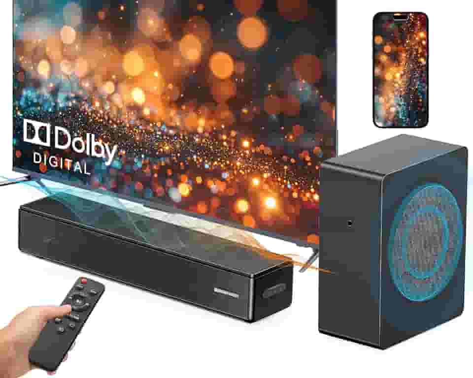 GEOYEAO Barra de som de 2,1 canais com subwoofer, barras de som Dolby Digital de 100 W, alto-falante de TV, sistema de som surround de áudio para home theater, HDMI eARC/Bluetooth/DSP/controle remoto