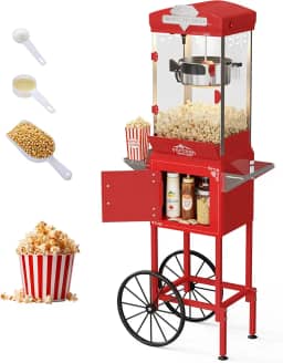 Sesslife Máquina de pipoca de 290 ml com chaleira de fácil desencaixe, carrinho para máquina de pipoca faz 40 xícaras, máquina de pipoca estilo cinema com roda para comercial doméstico (vermelho1)