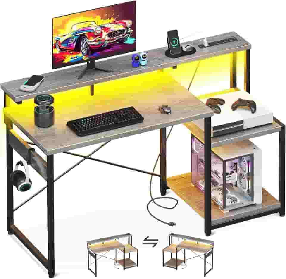AODK Mesa de computador, mesa de jogos de 121 cm com luzes LED e tomada, mesa de escritório com prateleiras de armazenamento, mesa reversível com prateleira para monitor e gancho para fone de ouvido