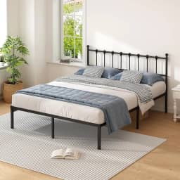Estrutura de cama king size com cabeceira moderna, base de cama plataforma de metal com suporte forte, sem necessidade de mola box, montagem fácil, sem ruído, preto