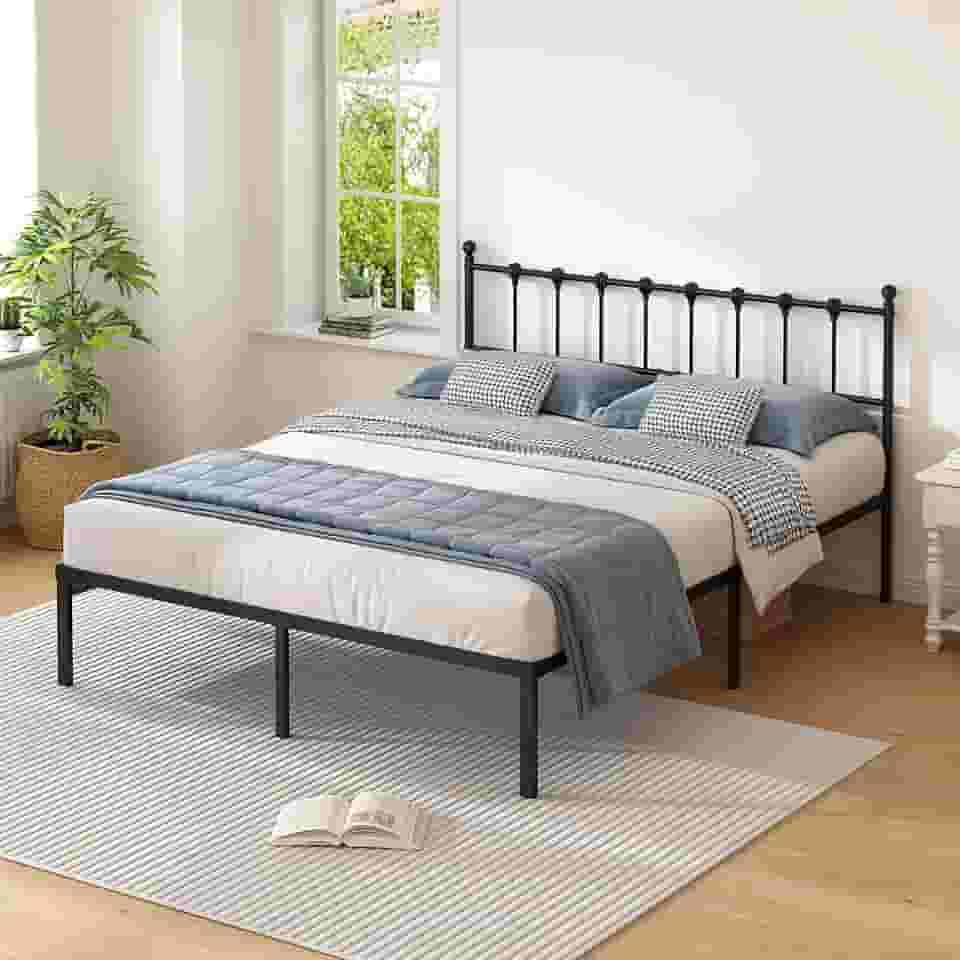 Estrutura de cama king size com cabeceira moderna, base de cama plataforma de metal com suporte forte, sem necessidade de mola box, montagem fácil, sem ruído, preto