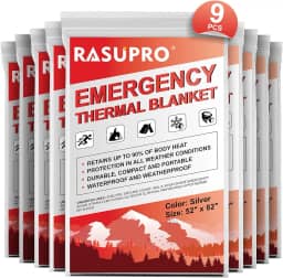 Rasupro Pacote com 9 cobertores de emergência, equipamentos de sobrevivência ao ar livre e cobertor térmico de emergência, cobertores térmicos Mylar de emergência, cobertor espacial perfeito para