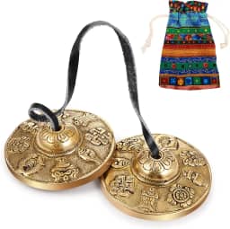Sinos de meditação tibetanos Tingsha Pratos Sinos com cordão tibetano, Sinos de Sino de Meditação de 6,5 cm, para instrumento de percussão (8 símbolos da sorte em relevo)