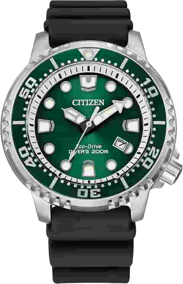 Relógio de mergulho masculino Promaster com tecnologia Eco-Drive em mostrador verde de aço inoxidável, pulseira de borracha preta, BN0158-00X