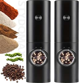 Kit 2 Moedor Elétrico de Sal e Pimenta Tempero (Pacote com 2) Conjunto Moedor de Sal Grosso e Pimenta Do Reino Automático Com Recipiente de 70 ml Luz Led Para Churrasco na Cozinha (Preto) (2)