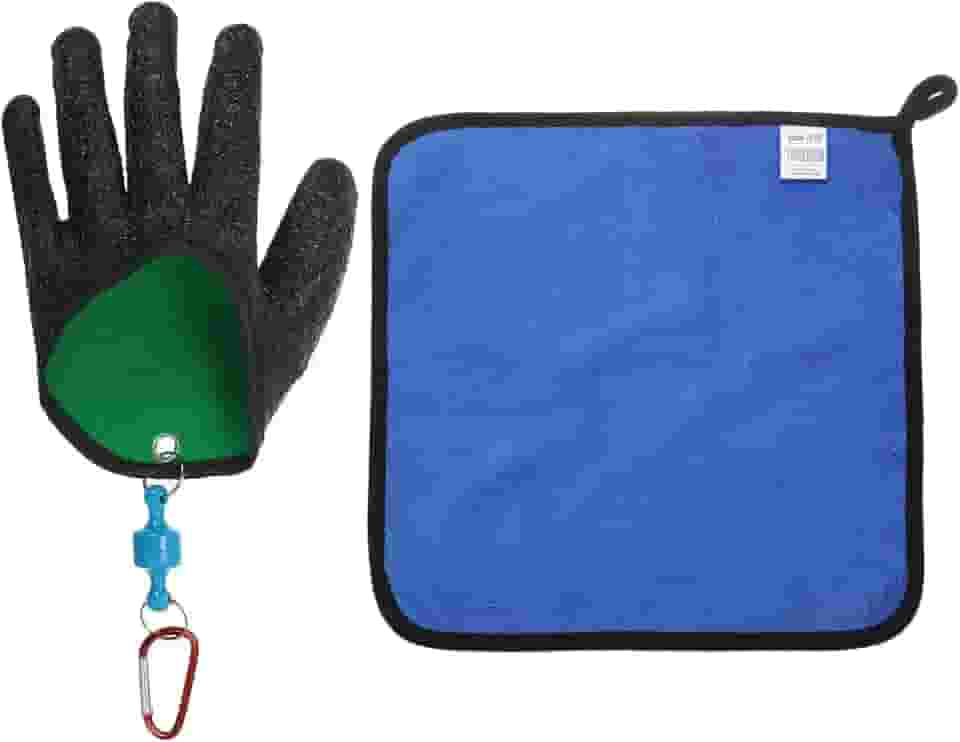 Luvas de pesca com liberação magnética, luvas profissionais de pescador, antiderrapante, resistente a perfurações, filete, com toalha para limpeza das mãos, preta (esquerda)