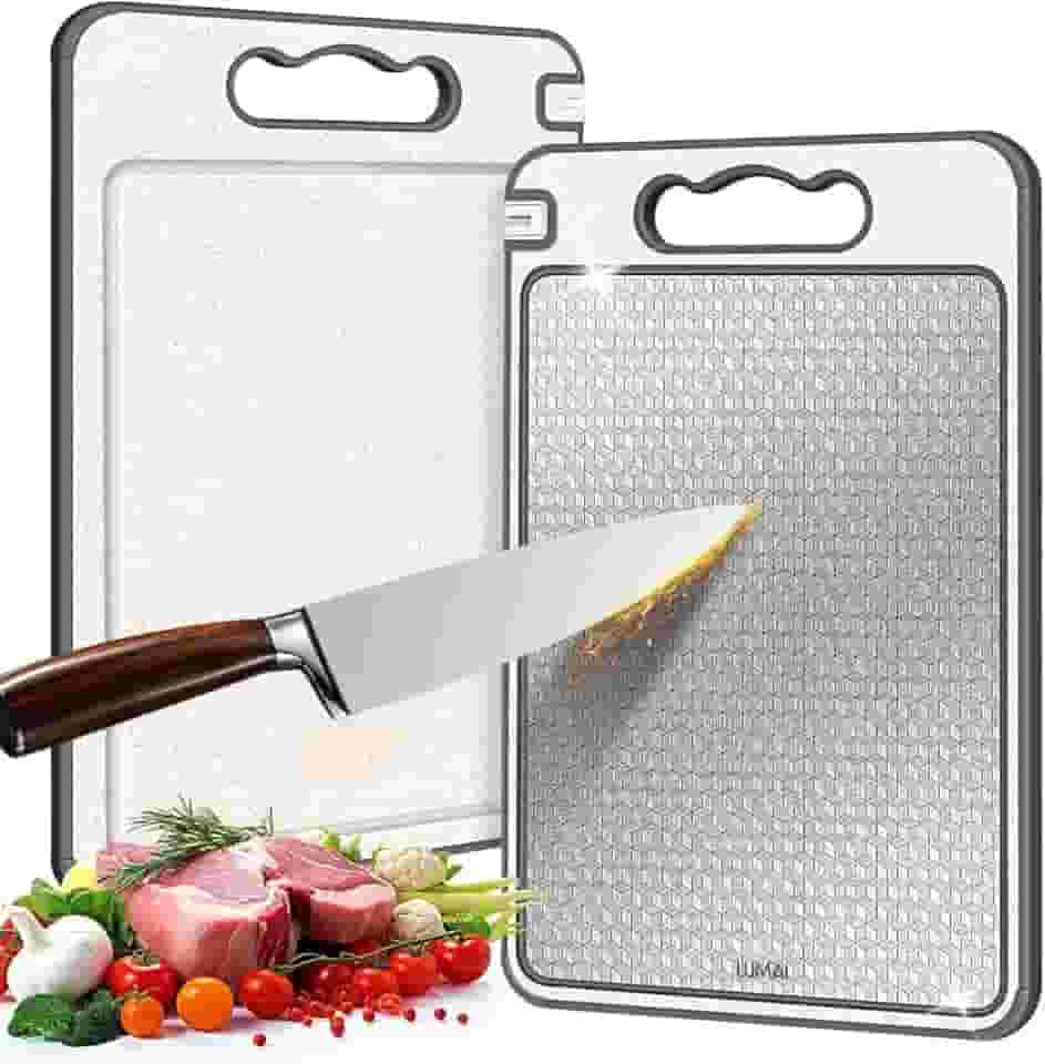 LUMAI Tábua de Corte para Cozinha Dupla Face Aço Inoxidável e PP, Superfície Higiênica para Carnes, Frutas e Vegetais, Afiador Integrado, Canaletas Antirrespingo, Base Antiderrapante e Alça Ergonômica