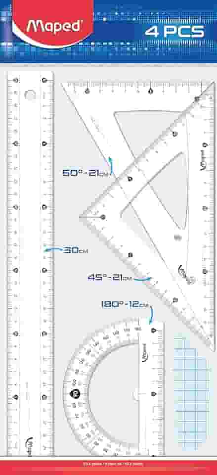 Kit Régua 30cm + Esquadros Escaleno 60° e Isósceles 45° + Transferidor 180°, Maped, Kit Essentials, 242830, Transparente