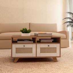 Mesa de Centro com 2 gavetas com corrediças telescopicas e impressão palha 3D TRAMA cor Cinamomo c/Off White - Artely